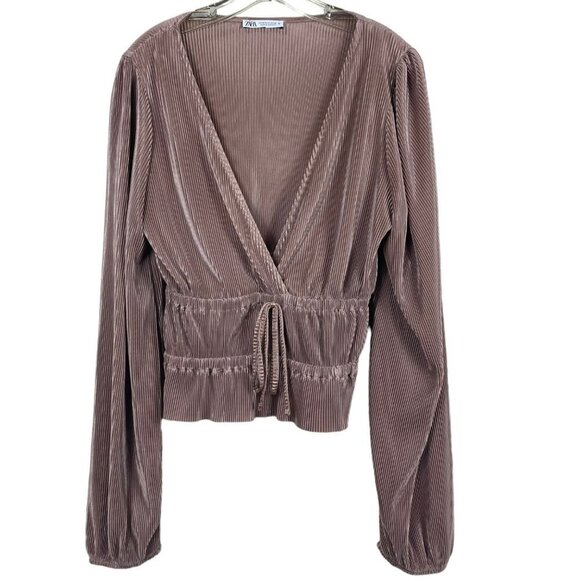 Zara Pleated V Neck Long Sleeve Ribbed Metallic Taupe Top Size Medium - Picture 3 of 12